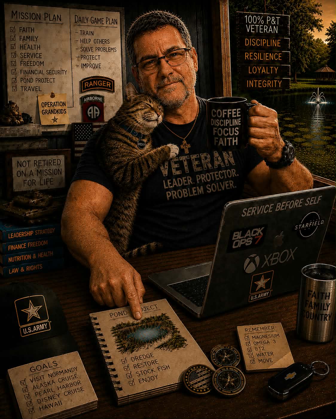 Robert Cloud at his desk with his cat Rocky, surrounded by mementos of his Army service, faith, pond project, and travel goals.