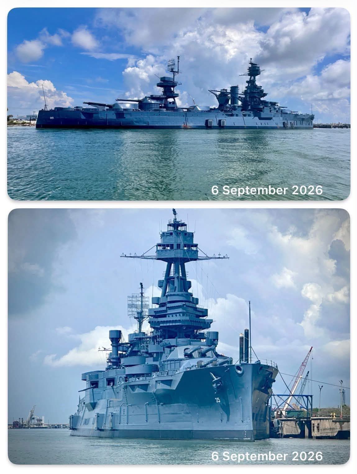 Two photographs of the restored battleship USS Texas afloat at her berth, taken 6 September 2026: a full broadside view and a closer bow view showing the cage mast.
