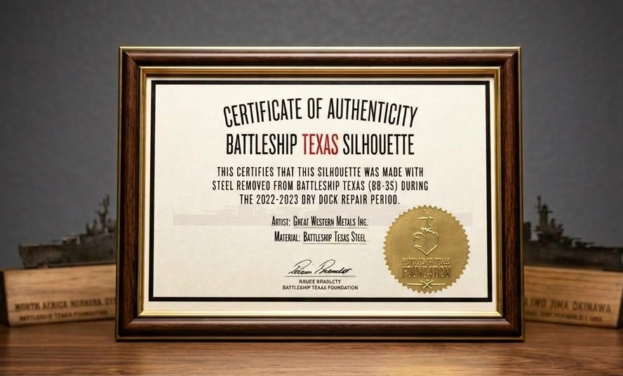 Framed gold-seal Certificate of Authenticity from the Battleship Texas Foundation.